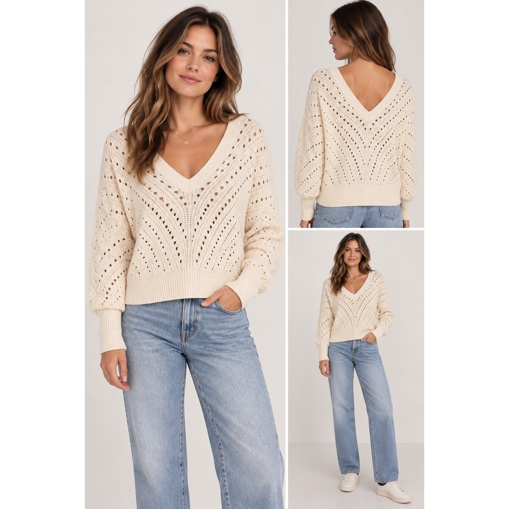 Express V-Neck Pointelle Knit Sweater Women M Cream Boho 0876